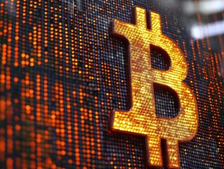 A large golden Bitcoin symbol glows brightly against a dark background filled with orange digital lights.