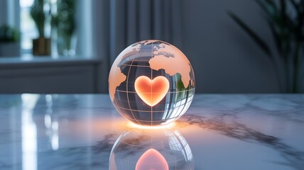 Glowing Heart on Earth Globe in Interior Setting world.