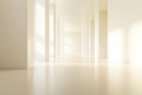 White minimalist colonnade with long shadows and warm light creating architectural depth, great for design presentations and real estate visuals in horizontal format