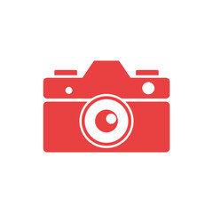 Red Camera Icon with Lens Isolated on White Background, Simple Photography Logo