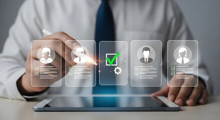 Photo of recruitment and hiring process businessman selecting a candidate profile from a list of options on a tablet, representing hr and talent acquisition