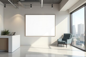 Modern office lobby with a blank mockup frame and reception desk.