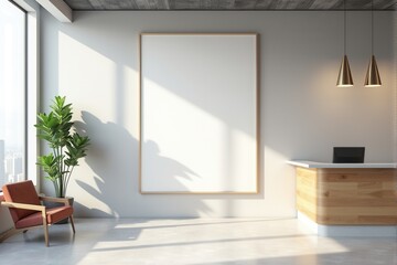 Modern office lobby with a blank mockup frame and reception desk.