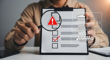 Photo of person holding a clipboard with a checklist and a magnifying glass focusing on a red warning sign, representing risk assessment and compliance