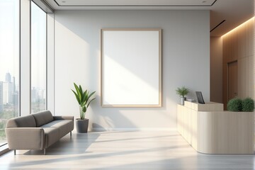 Modern office lobby with a blank mockup frame and reception desk.