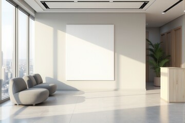 Modern office lobby with a blank mockup frame and reception desk.