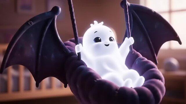 Cute ghost baby swinging in bat wing cradle, creating a whimsical and spooky atmosphere for Halloween celebrations.