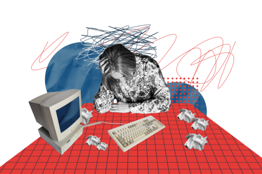 Creative picture collage sitting woman stressed employee workplace computer monitor keyboard equipment drawing doodles workload