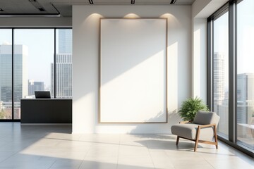 Modern office lobby with a blank mockup frame and reception desk.