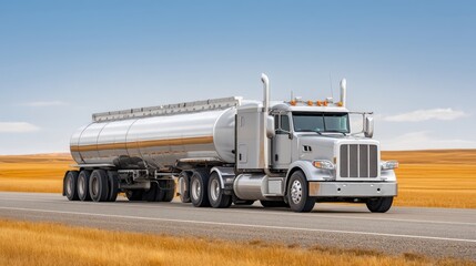 Silver Tanker Truck Driving on Open Highway Through Golden Fields Under Clear Blue Sky in Rural Landscape