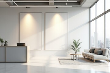 Modern office lobby with a blank mockup frame and reception desk.
