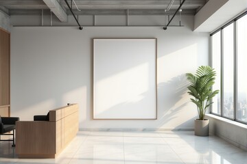 Modern office lobby with a blank mockup frame and reception desk.