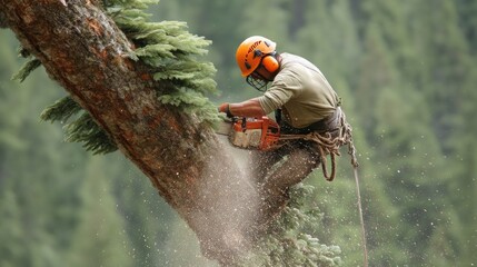 Tree cutting in the forest during daytime with a lumberjack using a chainsaw