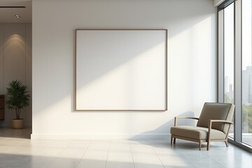 Modern office lobby with a blank mockup frame and reception desk.