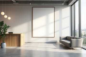 Modern office lobby with a blank mockup frame and reception desk.