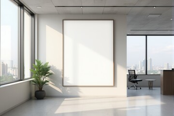 Modern office lobby with a blank mockup frame and reception desk.