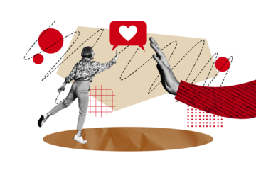 Composer photo collage of happy girl blogger receive like notification give high five successful partnership isolated on painted background