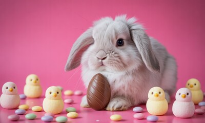 Cute gray bunny with chocolate egg and pastel chicks
