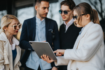 Business people collaborating using a tablet in an outdoor setting wearing stylish outfits