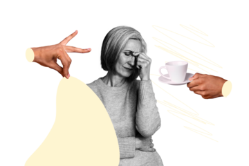 Composite photo collage of upset old woman hold head migraine problem herbal tea beverage hand offer cafe isolated on painted background