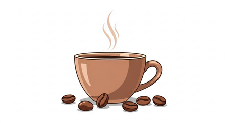 Obraz premium A cup of coffee with steam rising from it and coffee beans scattered around it, the cup is brown and the beans are dark brown