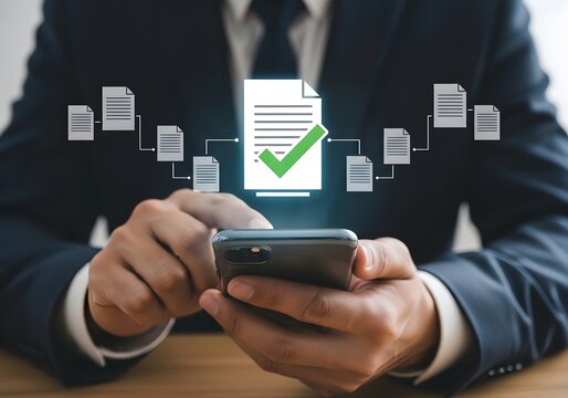 Photo of businessman using smartphone with digital document icons and a green checkmark, symbolizing digital transformation and successful approval of online contract or agreement