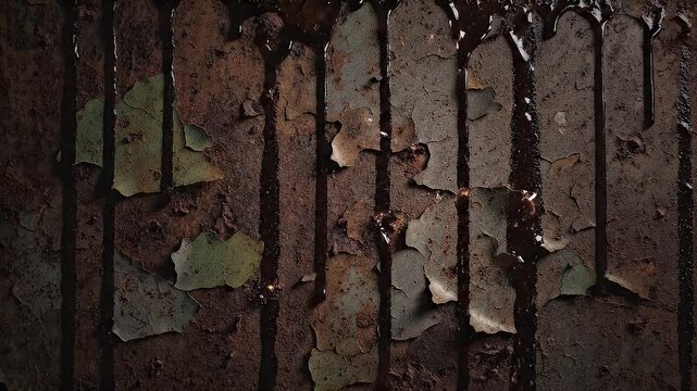 A richly detailed, close-up view of a severely weathered and corroded metallic surface, featuring deep rust patterns and peeling, faded green-grey paint flakes. Dark, viscous liquid slowly drips downw