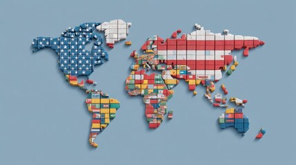 Obraz premium World Map Designed with National Flags Representing Global Diversity and Unity in Colorful Geometric Patterns on a Soft Blue Background