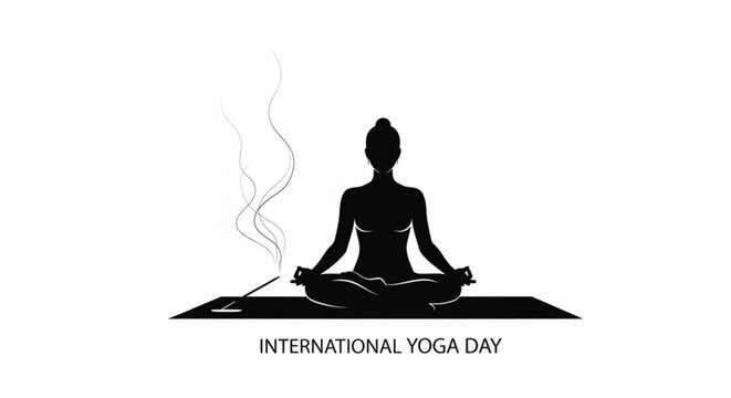 Silhouette of a woman meditating in lotus position, celebrating international yoga day with incense, promoting wellness