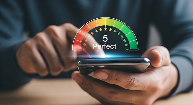 Photo of person using a smartphone to rate a service on a scale from red to green, indicating a perfect score and high satisfaction with the product or experience