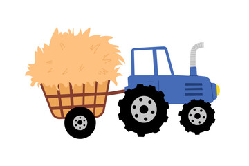 A blue farm tractor pulls a brown wagon loaded with a large pile of harvested hay. The vehicle is isolated on a white background.