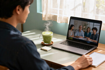 Remote worker watching online mental health support group session on laptop, cozy home office atmosphere, self care and emotional wellbeing concept
