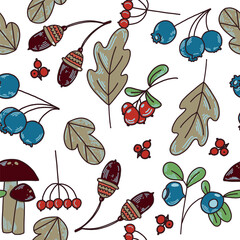 Seamless vector pattern of autumn leaves, rowan berries, mushrooms and blueberries. All objects are hand-drawn in vector. The illustration is suitable for printing on fabric, paper, textiles, design.