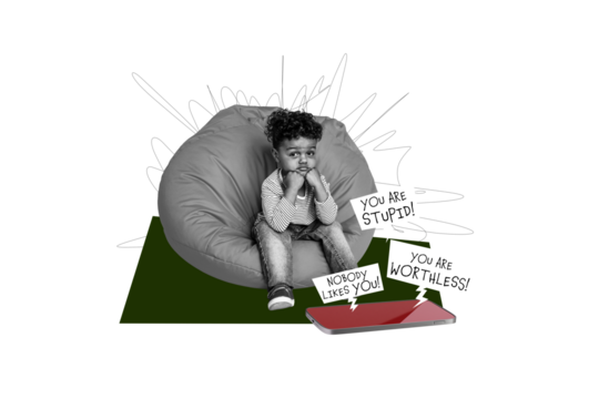 Composite photo collage of upset american boy sit beanbag receive offended notification phone cyberbully isolated on painted background