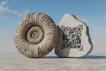 Ammonite fossil beside engraved stone displaying black QR code under sunlight