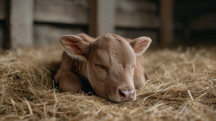 Fototapeta premium Adorable young calf sleeping peacefully on a bed of straw in a rustic barn, evoking feelings of warmth and tranquility in a farm setting.