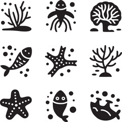 Naklejka premium A collection of black and white sea life illustrations including coral fish starfish and other marine life