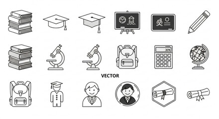 Illustration of education element featuring book, graduation cap, blackboard, pencil, microscope, backpack, calculator, globe, and student