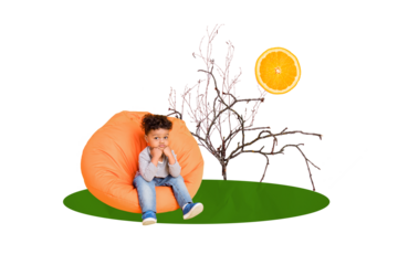 Composite collage picture image of little boy beanbag tree orange sun isolated on creative background
