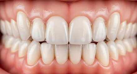 Close up realistic 3D render of human teeth dental health concept showing clean white enamel and gums