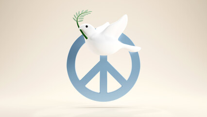 3D rendering of white dove in flight holding an Olive Branch and peace symbol on pastel background