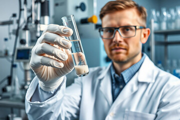 Laboratory testing of water sample for PFAS. Test tube in scientist's hands. Science lab