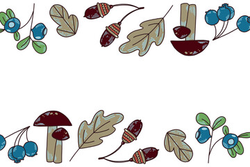 Rectangular vector frame of mushrooms, leaves, blueberries. All objects are hand-drawn in vector. The illustration is suitable for printing on fabric, paper, for product packaging design. Vector