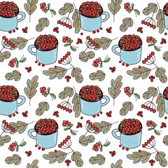 Seamless vector pattern of autumn leaves, cranberries, rowan twigs. All objects are hand-drawn, the illustration is suitable for printing on fabric, paper, for kitchen textiles, packaging decor.