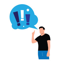 Young Man with Bright Idea and Exclamation Marks Speech Bubble. People and ideas generation vector art, announcement graphic template