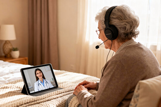 Senior woman wearing headphones talking to doctor on tablet, telehealth video consultation, home medical care and digital healthcare technology