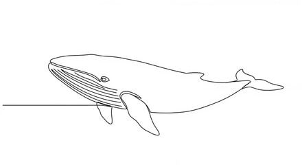 Obraz premium Majestic blue whale swimming, black and white line art, representing marine life and conservation, with copy space