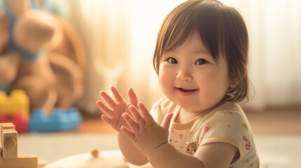 A baby girl is smiling and clapping her hands. The scene is set in a room with a plush bear and other toys.