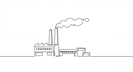Obraz premium Line art of a factory with smoking chimneys, black and white, representing industry and pollution, with copy space