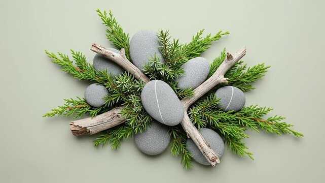 A serene overhead arrangement showcases smooth grey river stones, some marked with subtle white lines, artfully nestled among vibrant green juniper branches and weathered natural driftwood. Positioned